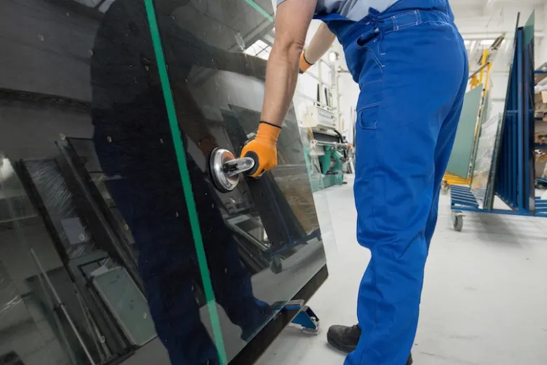Manutention à la ventouse d'un panneau de double vitrage dans un atelier de verrerie