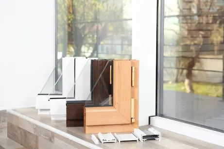 Coupes de profilés de fenêtre en bois, aluminium et PVC équipés de double vitrage