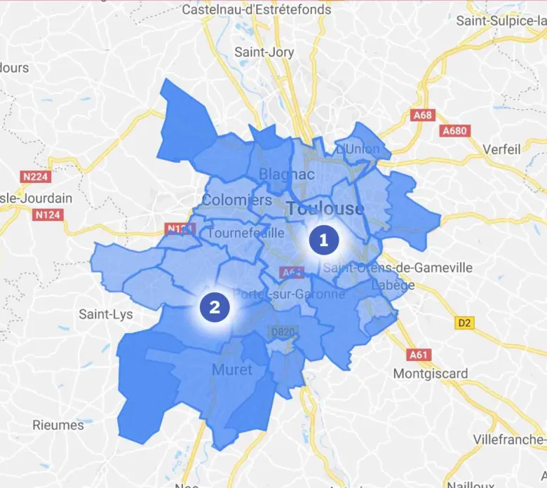 Carte de la zone d'intervention du vitrier autour de Toulouse, de Blagnac à Muret